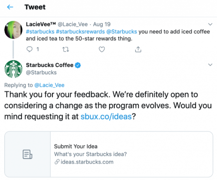 Tweet o kávovom nápoji Starbucks