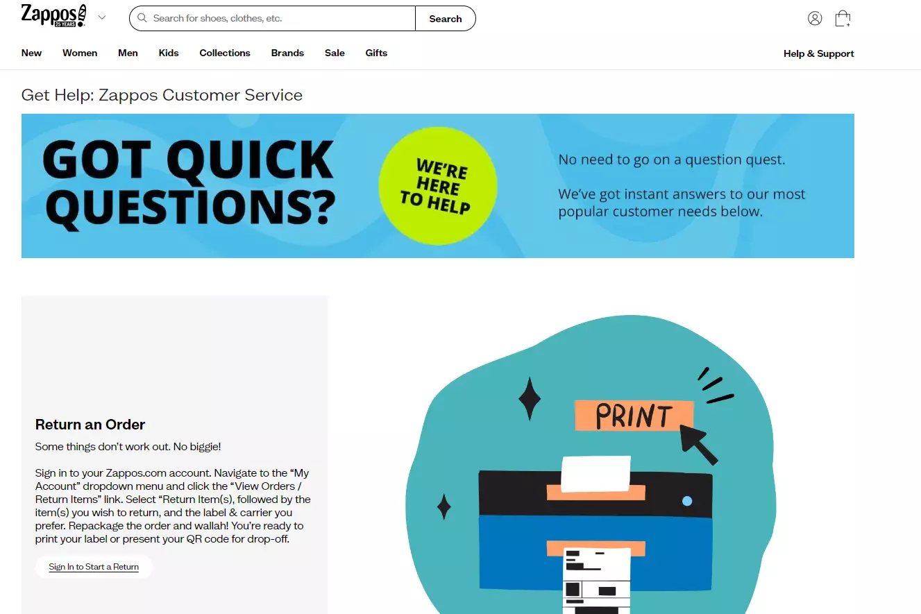 Stránka podpory Zappos zobrazujúca ich možnosti podpory