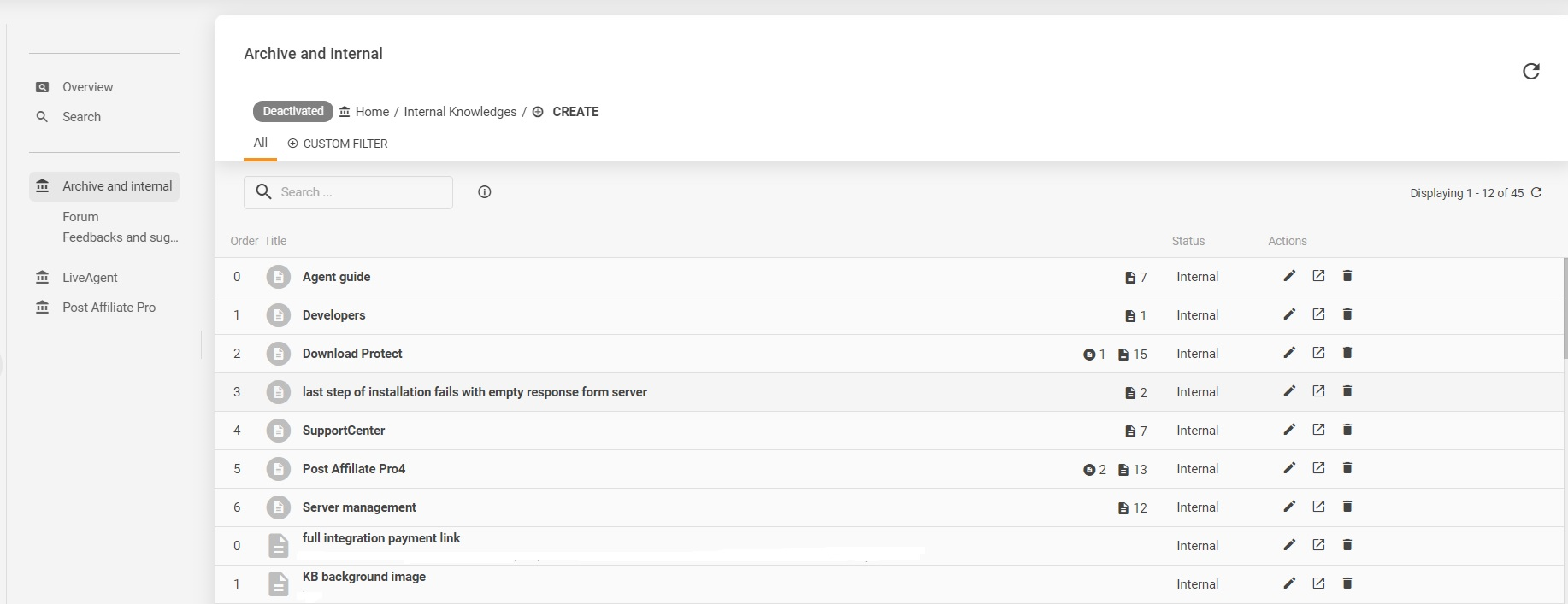 Example of LiveAgent's internal knowledge base