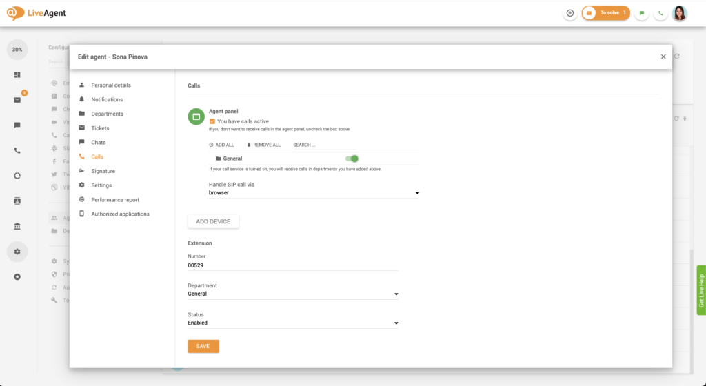 Nastavenia hovorov agenta