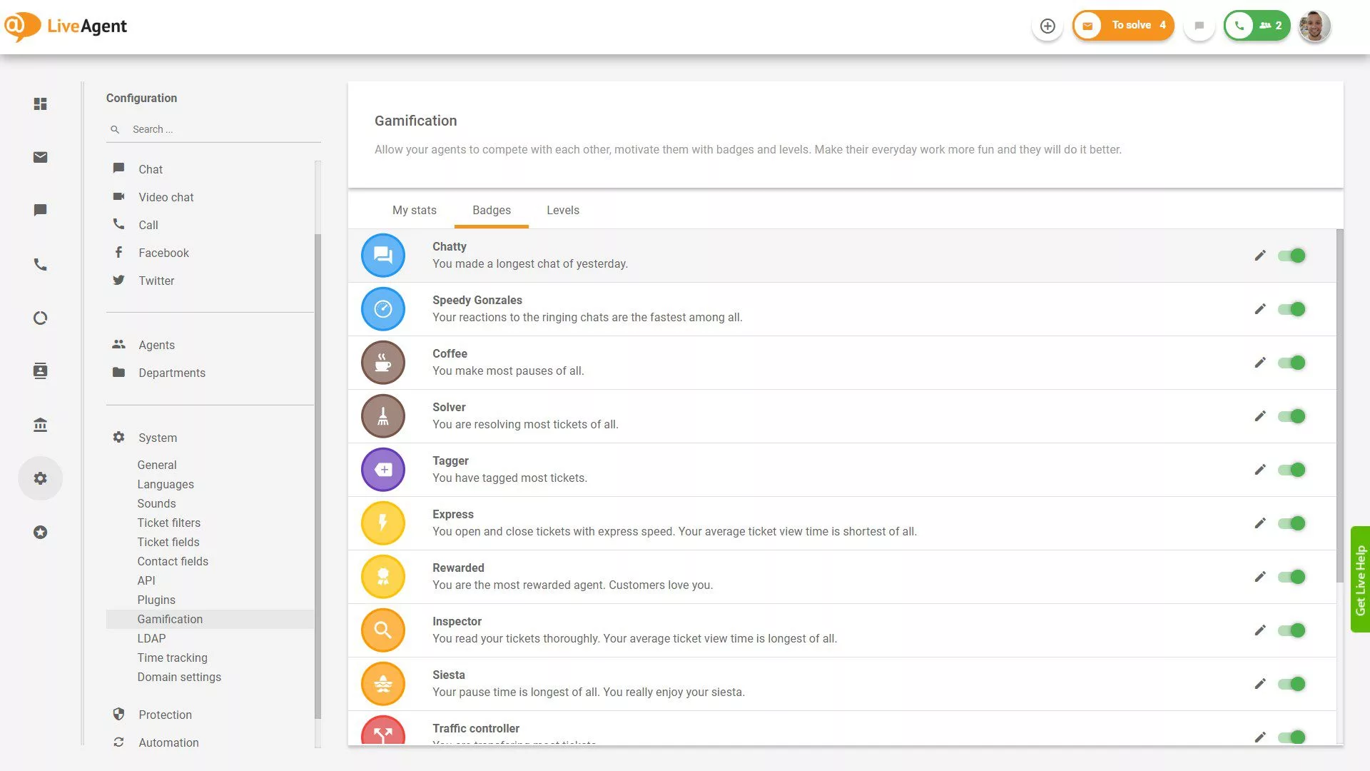 Zoznam dostupných odznakov v LiveAgent