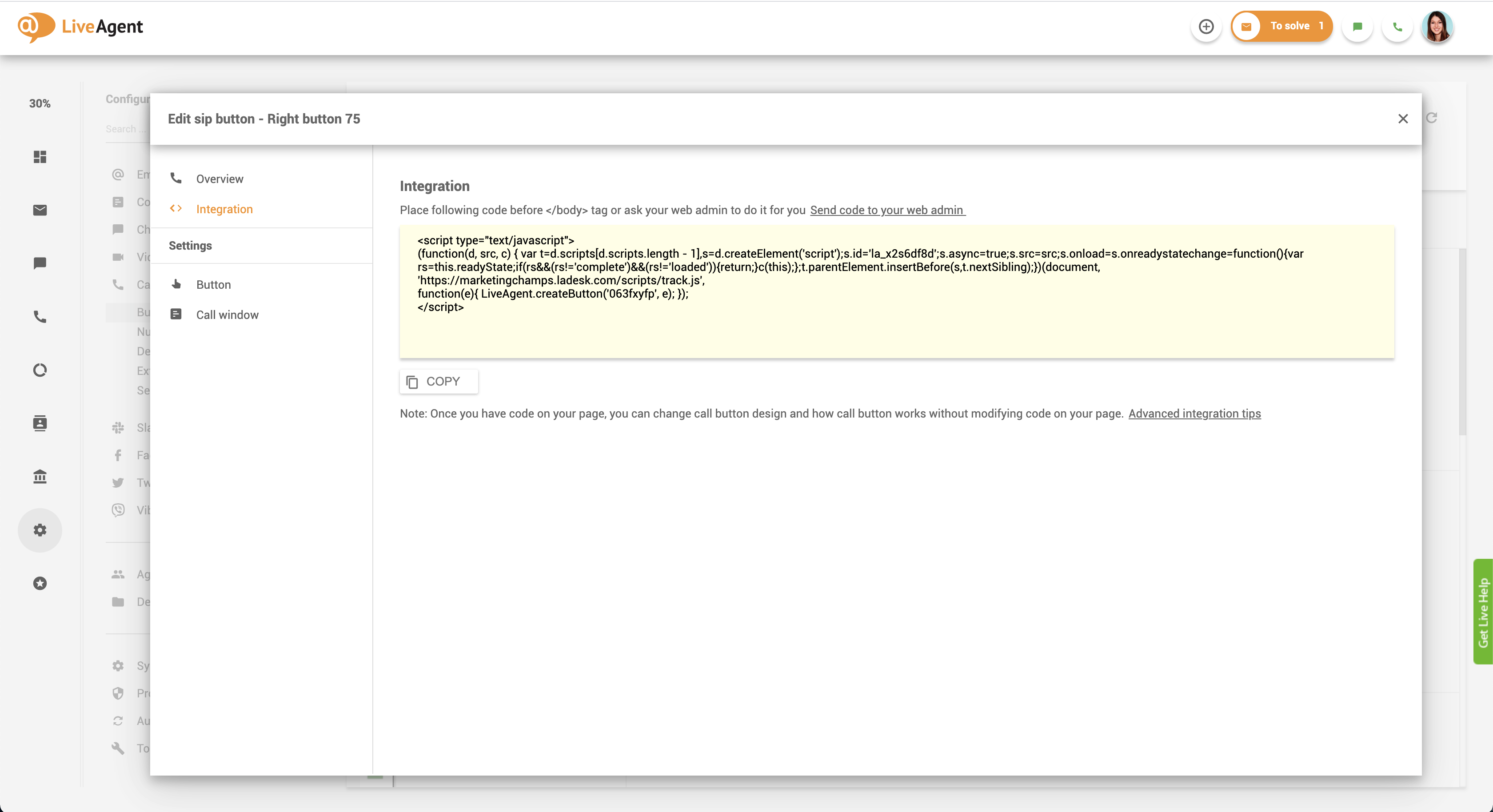 Kód na integráciu tlačidla na volanie