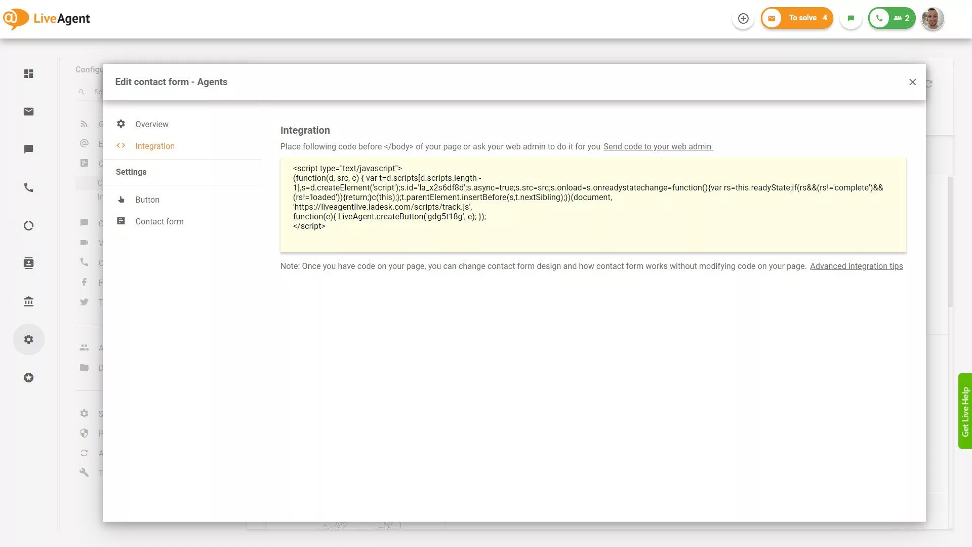 Kód integrácie kontaktného formulára LiveAgent