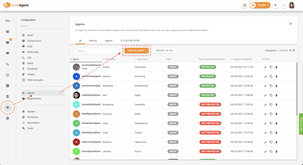 Tlačidlo Vytvoriť agenta