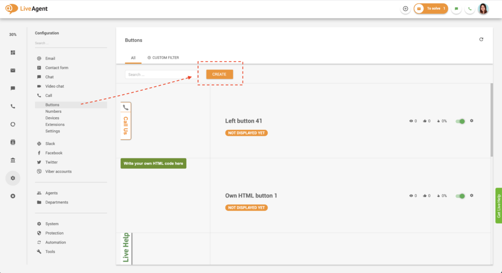 Vytvorenie tlačidla na volanie v LiveAgent
