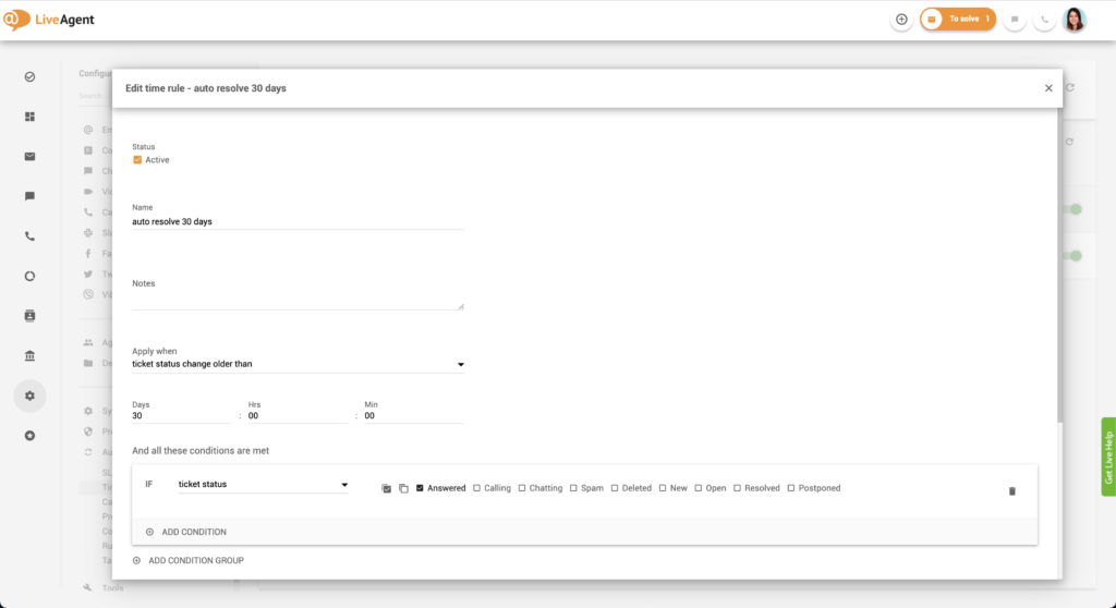 Úprava pravidla času v LiveAgent