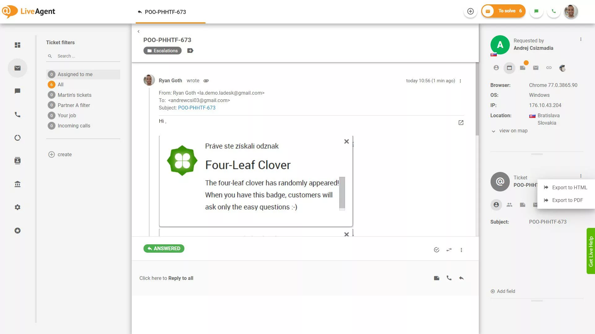 Funkcia exportu lístka, ktorá umožňuje export do HTML a PDF formátu