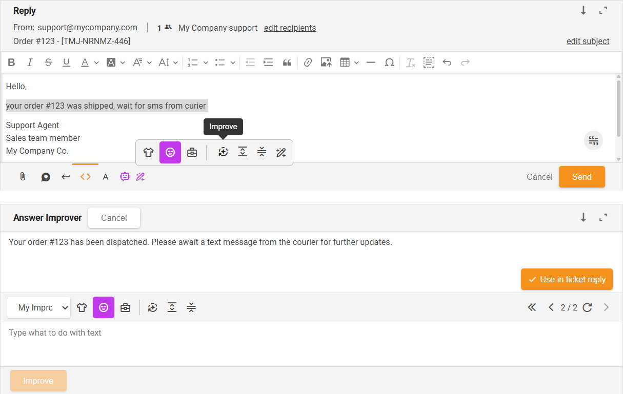 Funkcia Zlepšiť Zlepšovača AI odpovedí - prehľad rozhrania