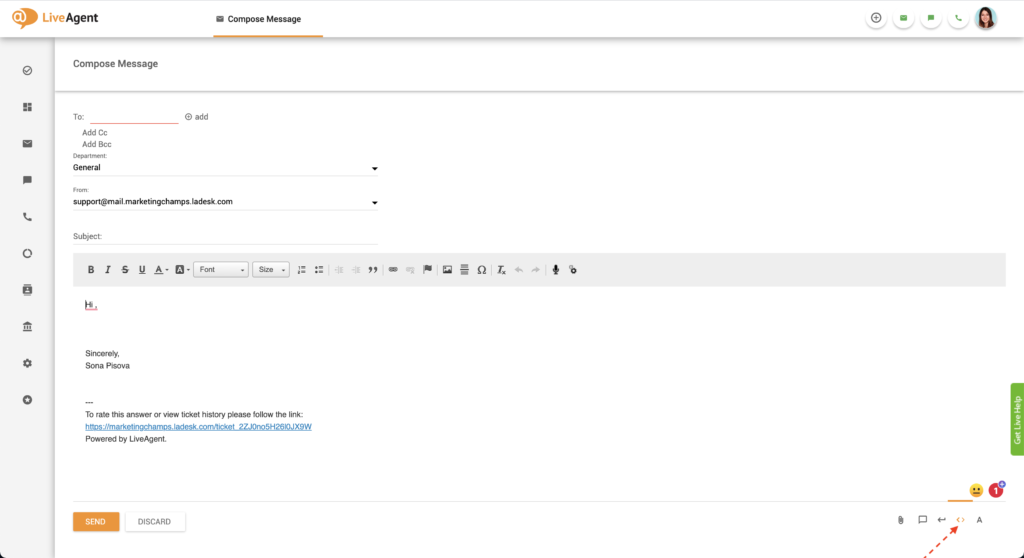Tlačidlo HTML editora v LiveAgent