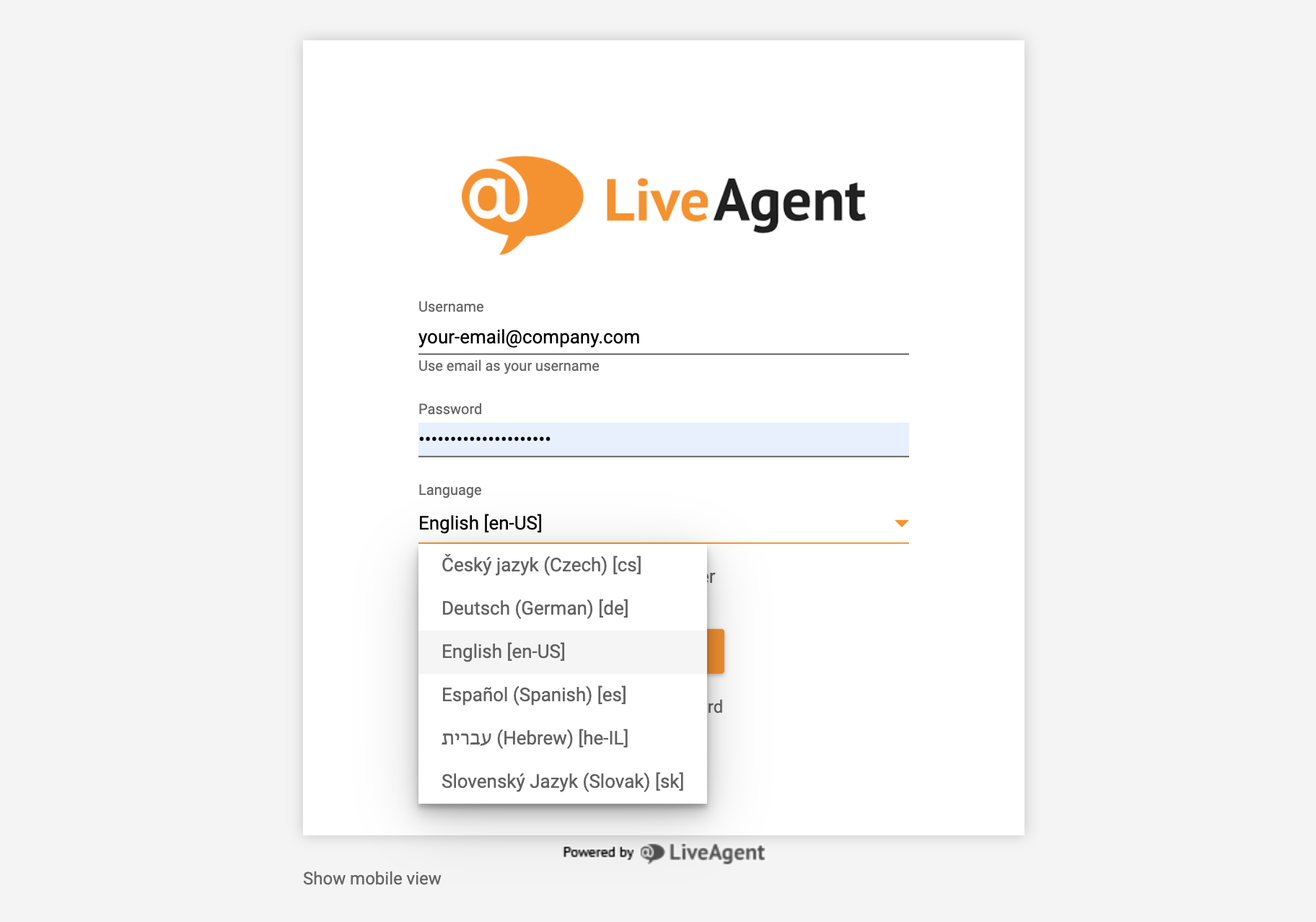 LiveAgent prihlásenie - výber jazyka