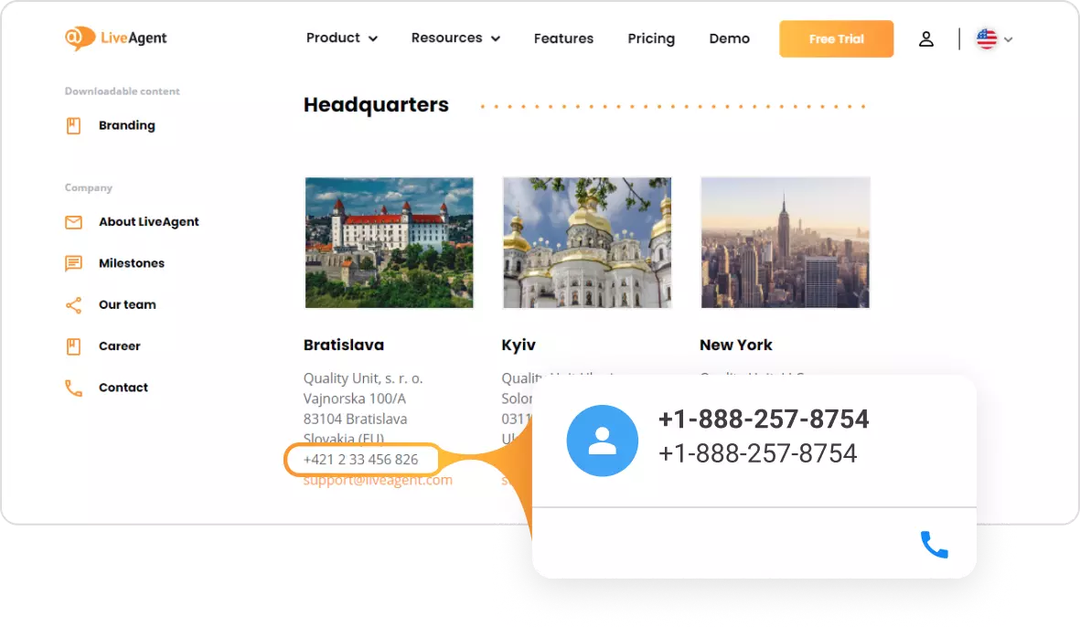 Kontaktná karta LiveAgent Click to call