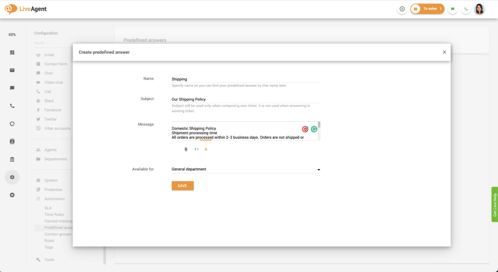 Nastavenie preddefinovaných odpovedí v LiveAgent