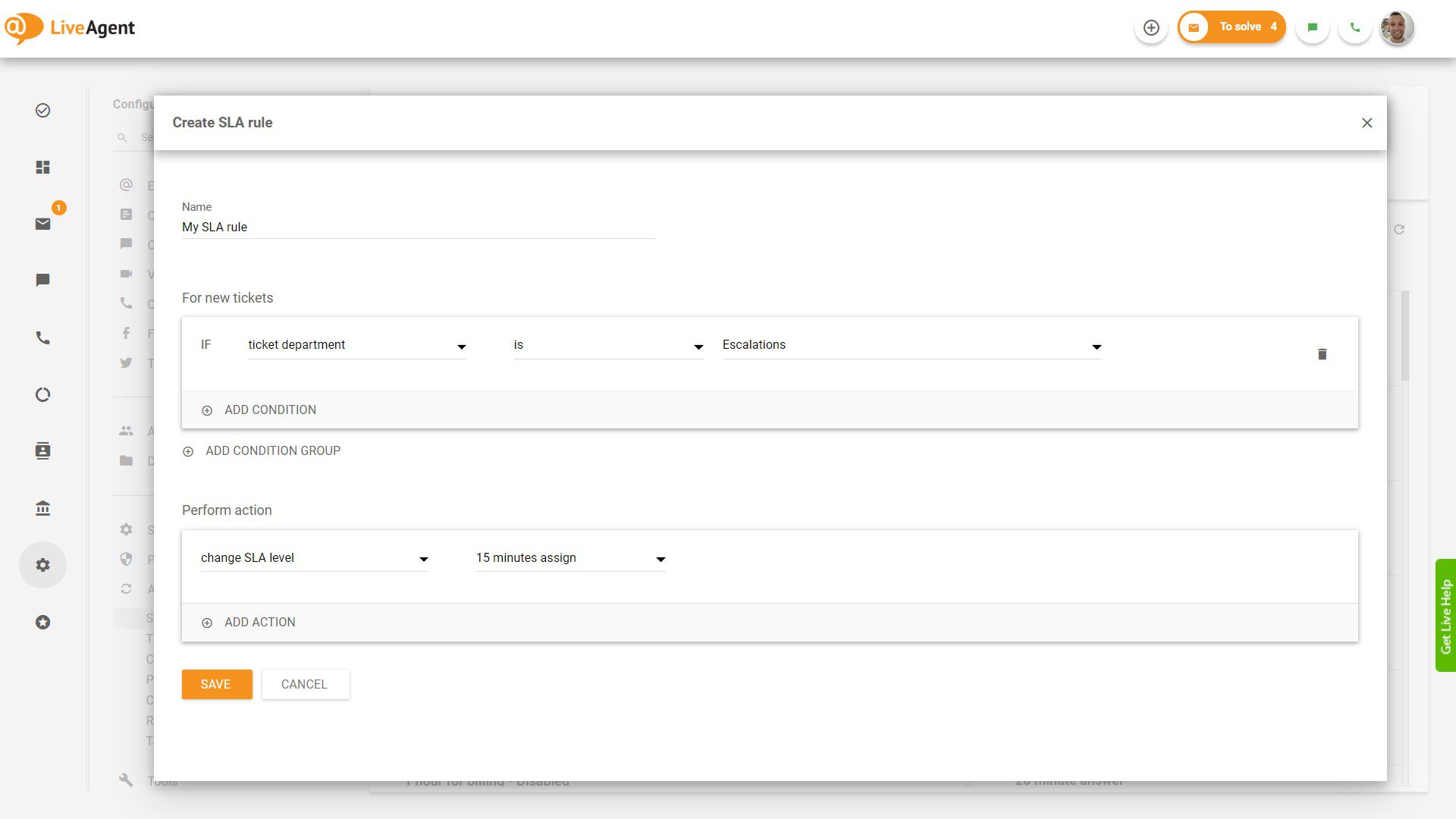 Vytvorenie pravidla SLA v LiveAgent