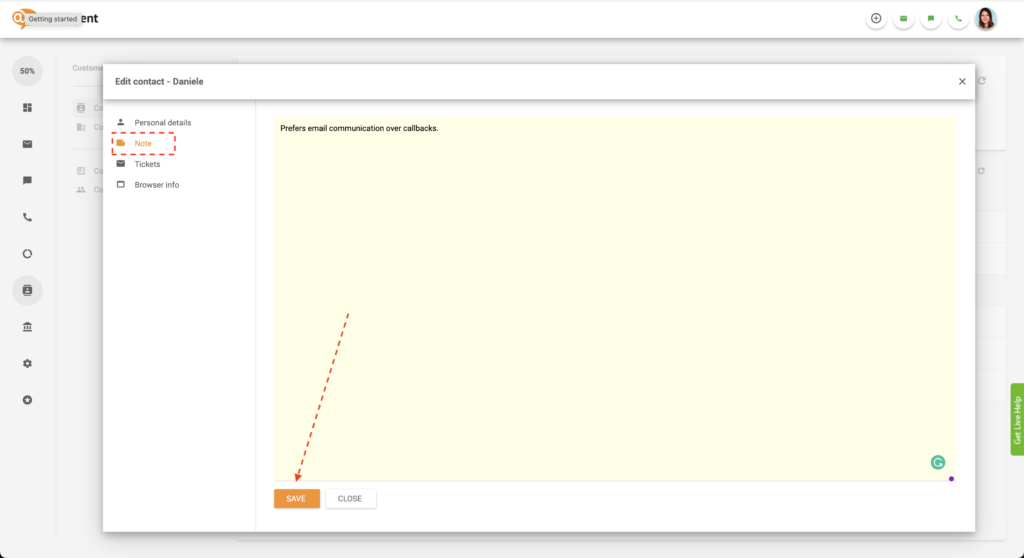 Save contact note in LiveAgent