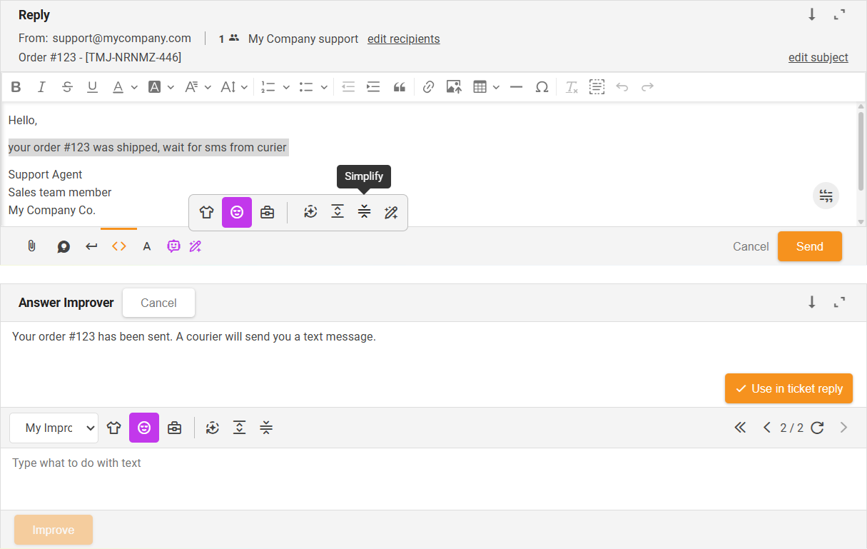 Funkcia Zjednodušiť Zlepšovača AI odpovedí - prehľad rozhrania