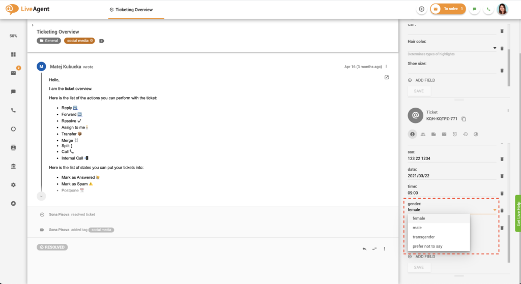 Príklad zoznamu polí lístkov
