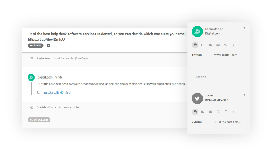 Twitter lístok v LiveAgent