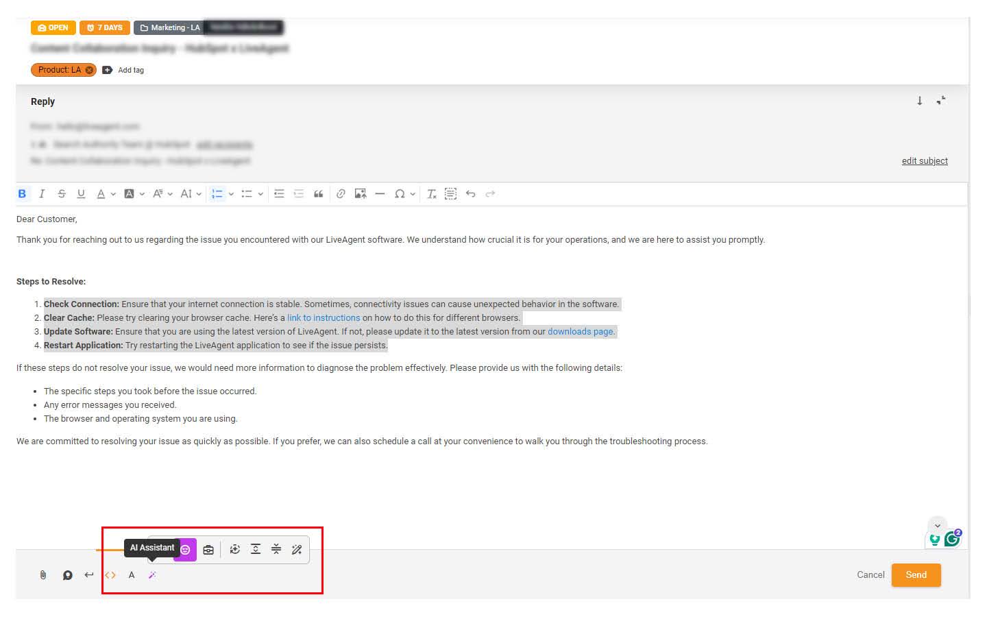 LiveAgent AI asistent pomáhajúci odpovedať na lístok
