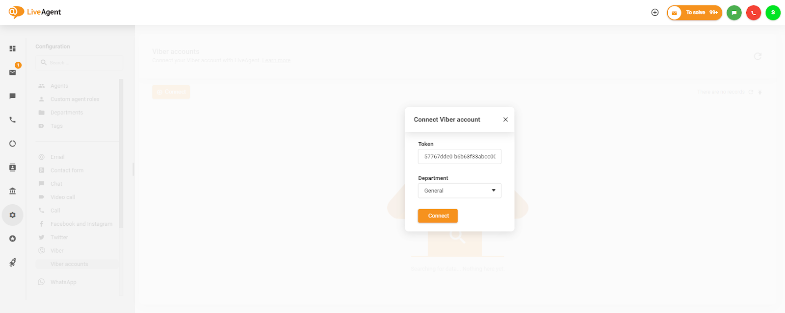 Umiestnenie tokenu v okne Pripojiť účet Viber