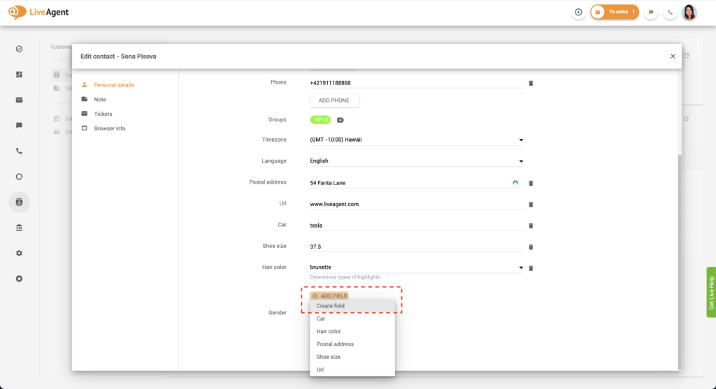 Vytvorenie poľa v kontakte