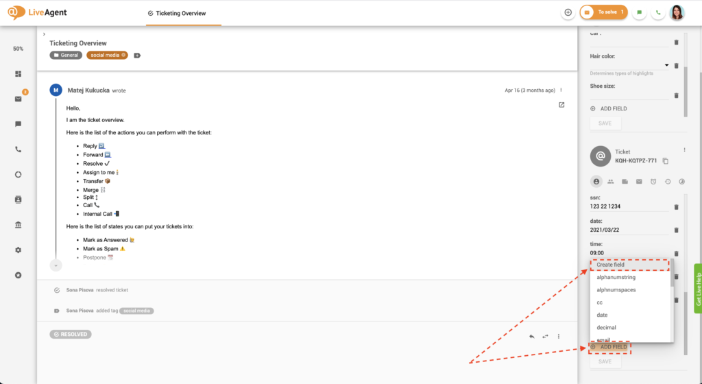 Pridanie nového poľa lístka v zobrazení lístka
