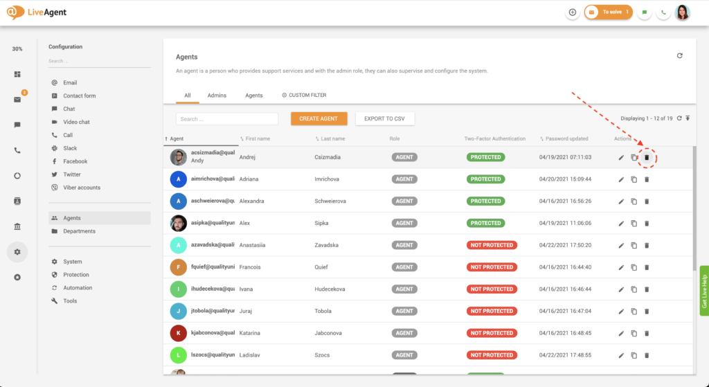 Tlačidlo Vymazať agenta