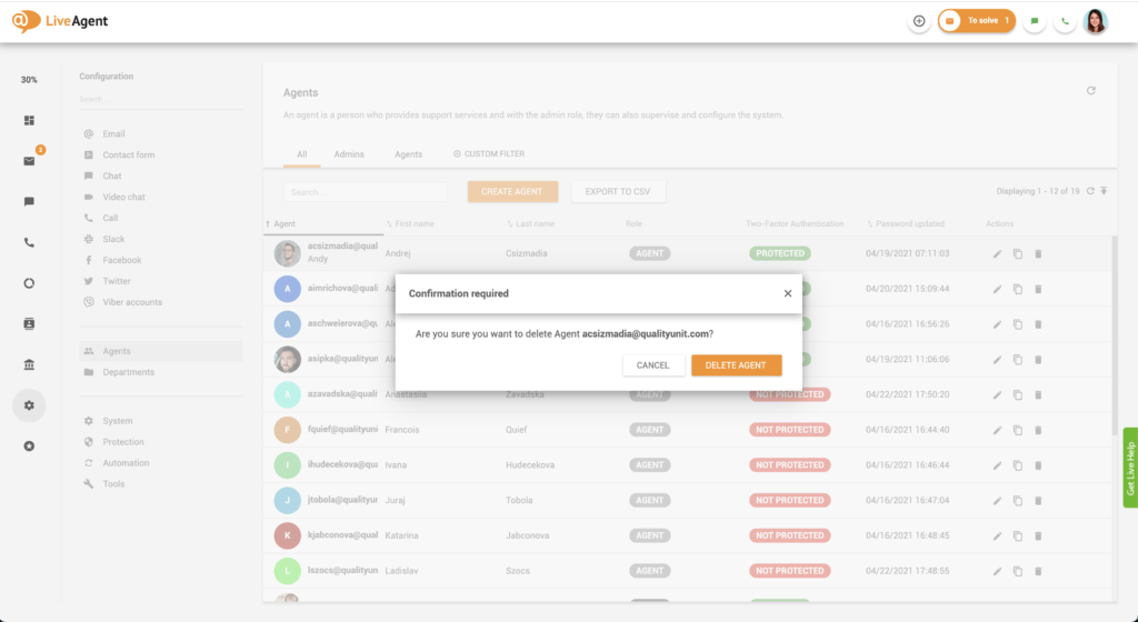 Potvrdenie vymazania agenta