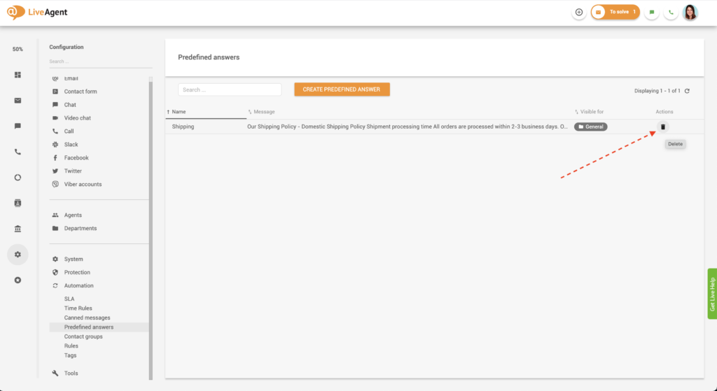 Mazanie preddefinovanej odpovede v LiveAgent