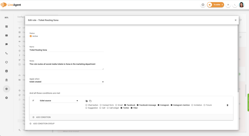 Setting up responsibility rules in LiveAgent