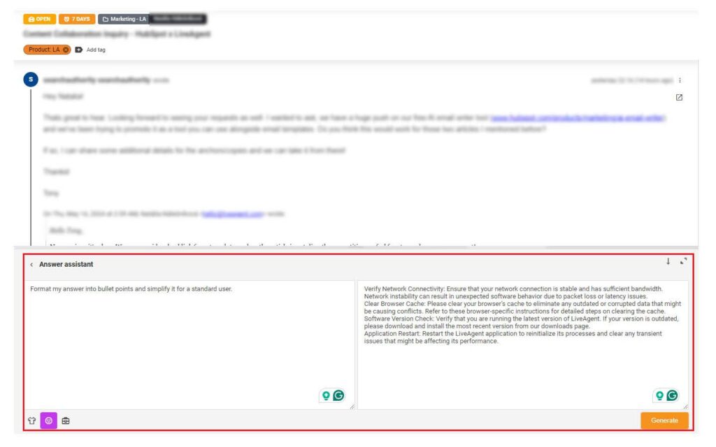 Obrázok zobrazujúci možnosť vlastného answer asistenta s výzvou a správou na demonštráciu tohto asistenta