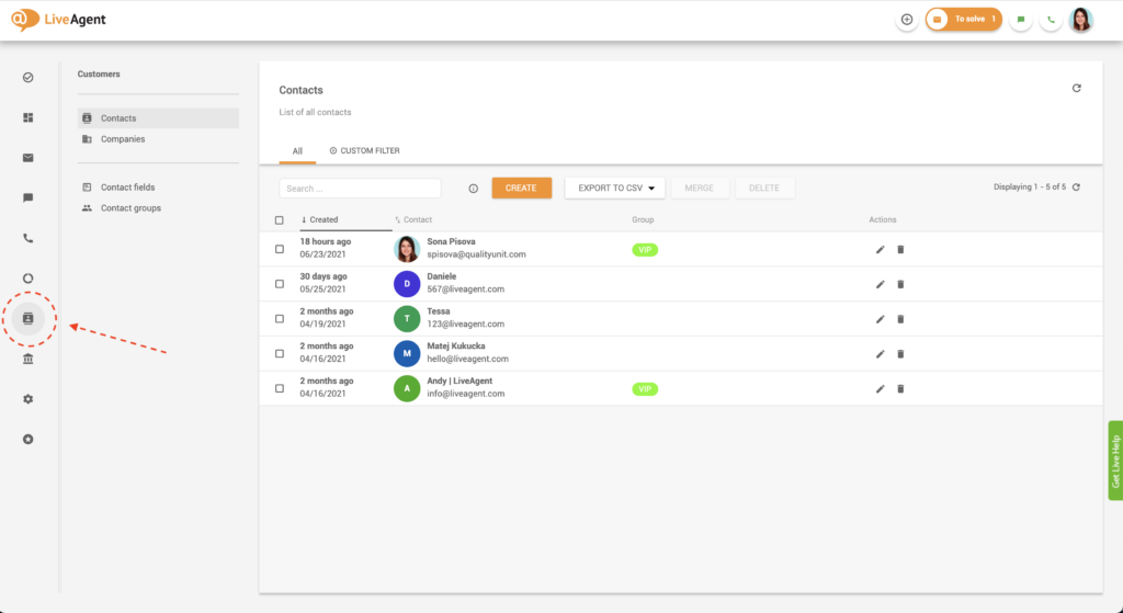 Hľadanie kontaktov v LiveAgent