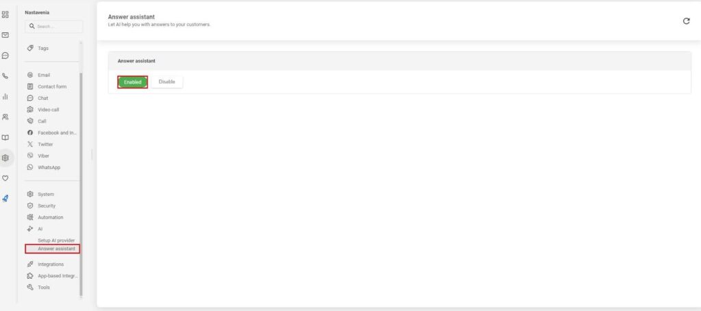 Obrázok ukazujúci, ako povoliť answer assistant v LiveAgent