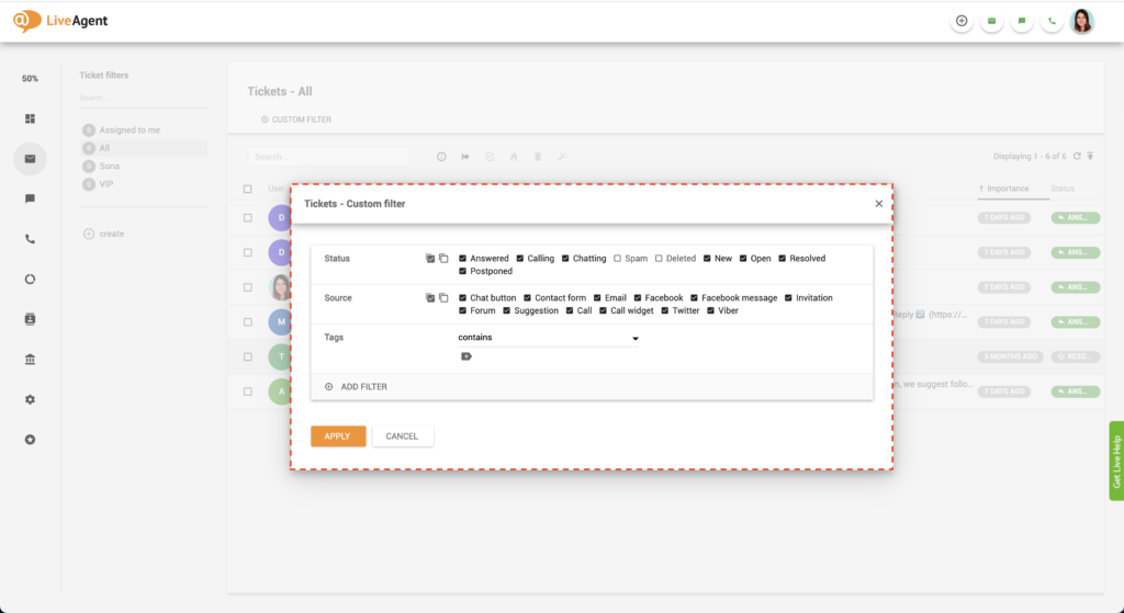 LiveAgent Choosing filter
