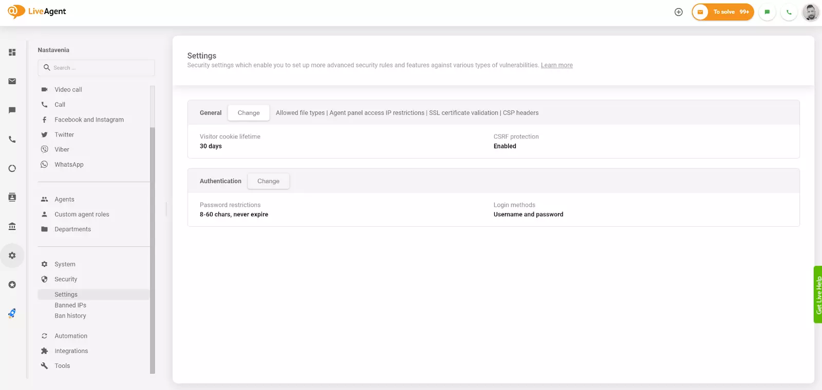 Zmena nastavenia autentifikácie v LiveAgent