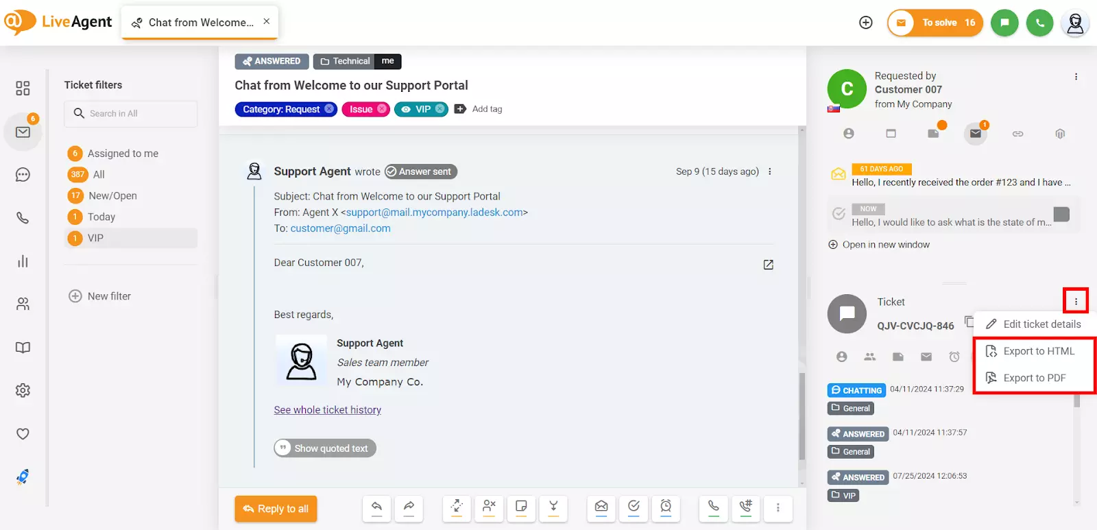 Detaily lístka Liveagent - export lístka
