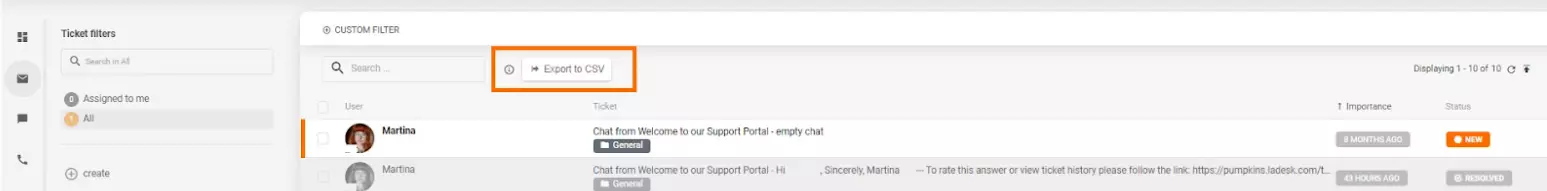 Export CSV v systéme správy lístkov LiveAgent