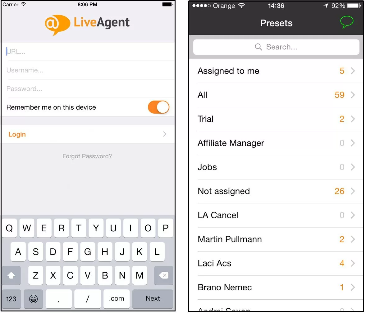 Rozhranie aplikácie LiveAgent iOS