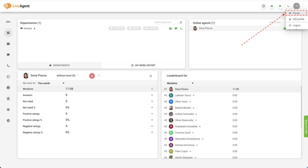 LiveAgent - tlačidlo Pauza