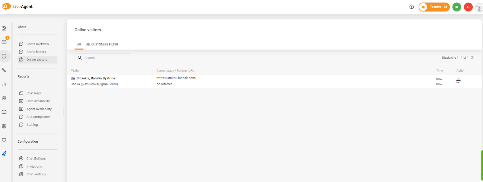 Snímka obrazovky sledovania návštevníkov webových stránok v LiveAgent