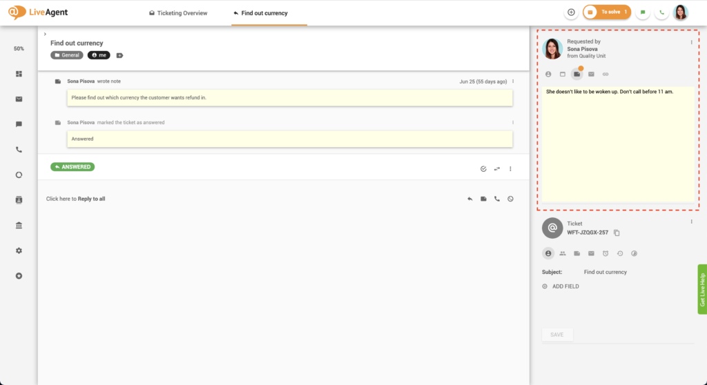 Poznámky v lístkoch - LiveAgent
