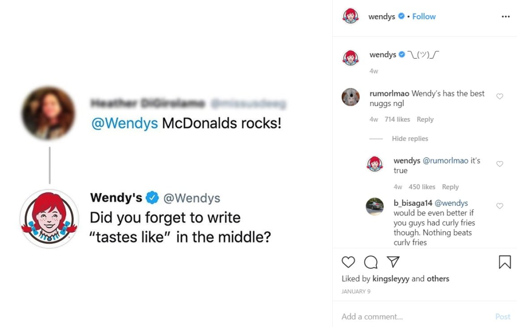 Silná prítomnosť Wendy's na Instagrame
