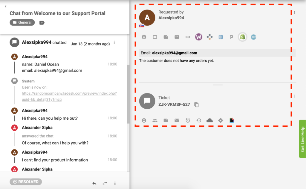 Aktívny plugin Shopify v LiveAgent