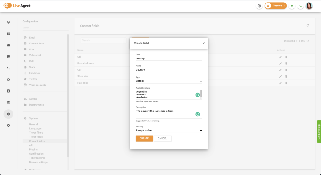 Nastavenie kódového mena pre pole kontaktu