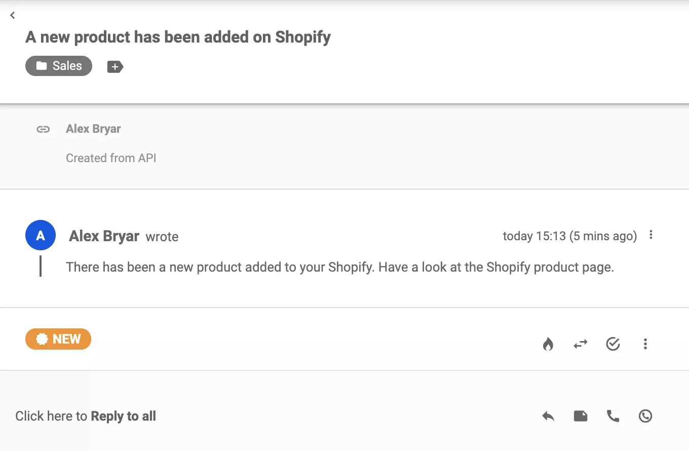 Nový lístok, ktorý bol odoslaný zo Shopify po vytvorení produktu