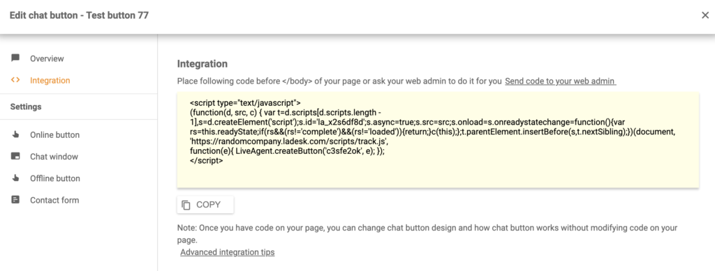 Kód integrácie Shift4shop LiveAgent