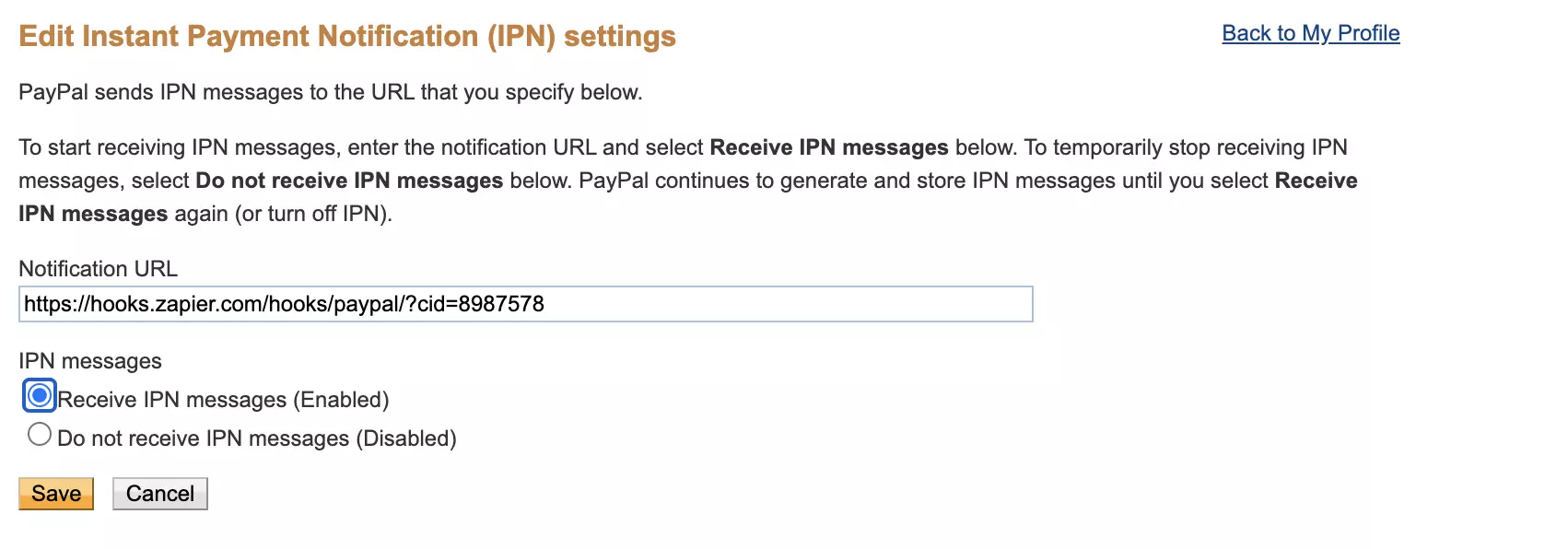 Sekcia nastavení Instant Payment Notification v PayPal