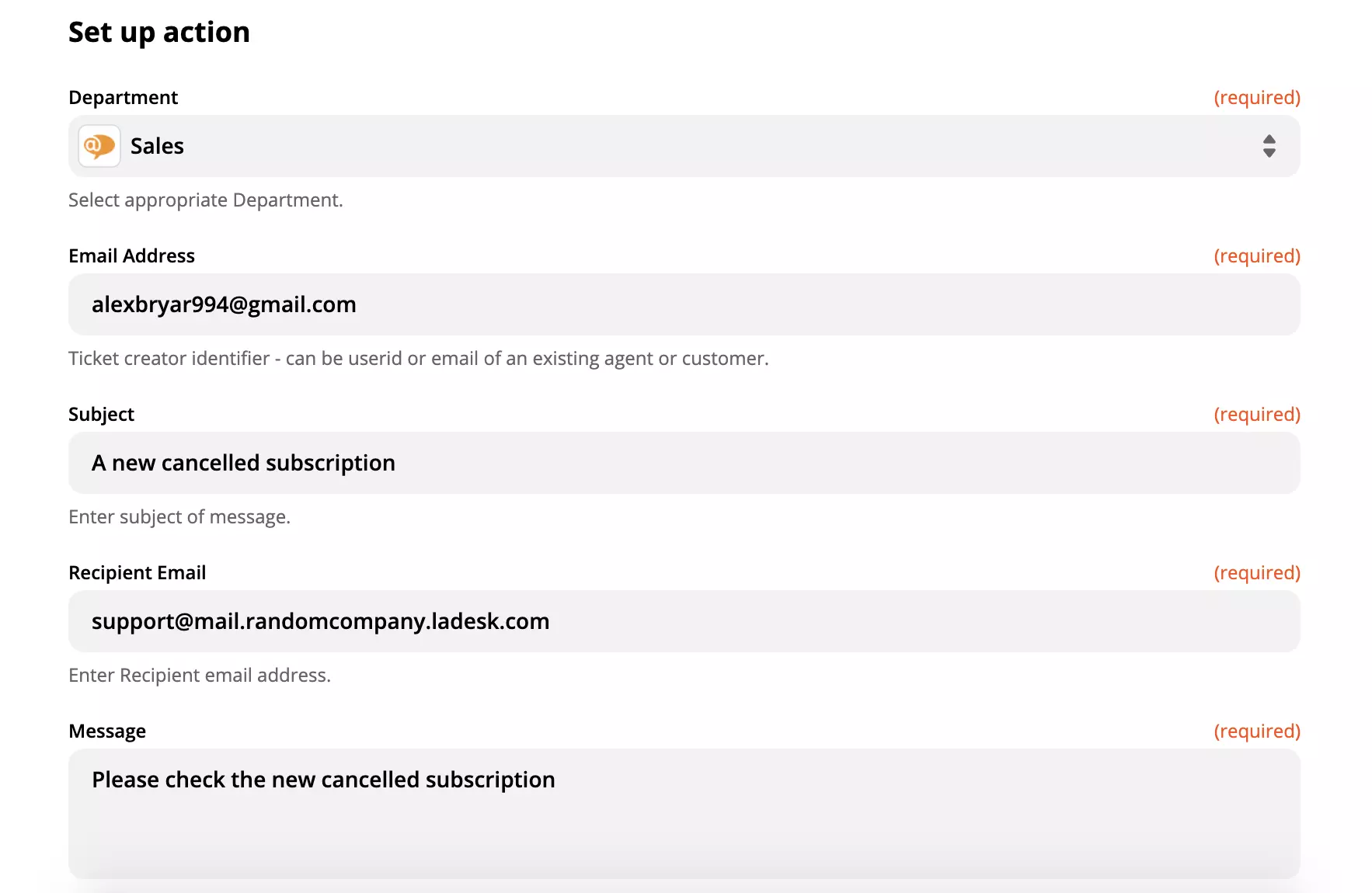 An example of a setup of a LiveAgent action