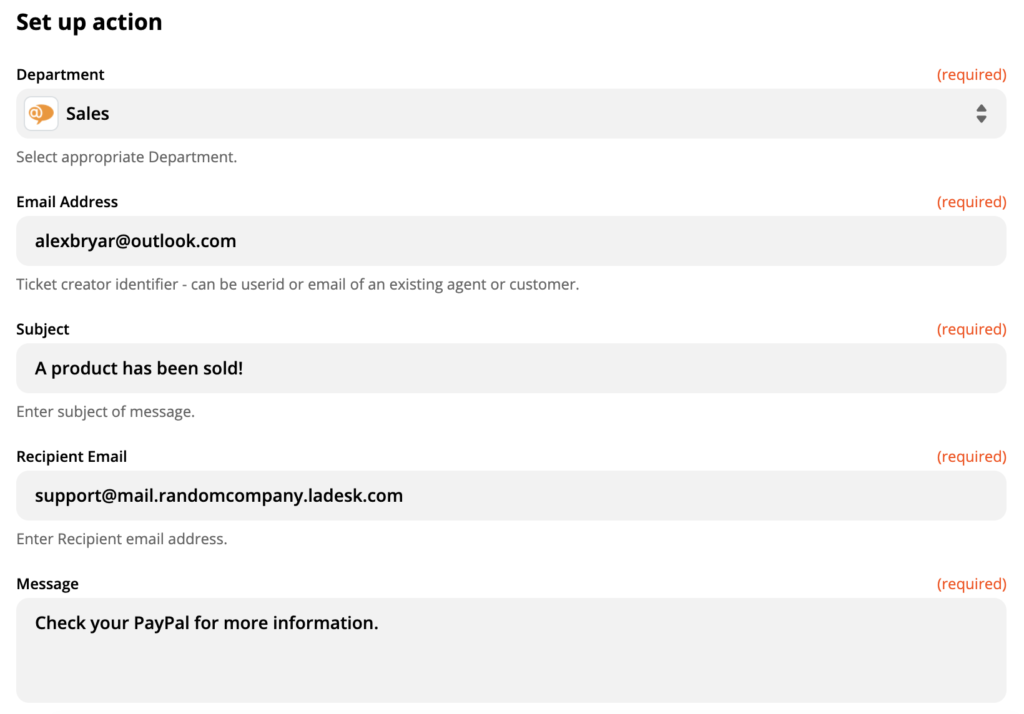 Nastavenie akcie LiveAgent Vytvoriť nový rozhovor