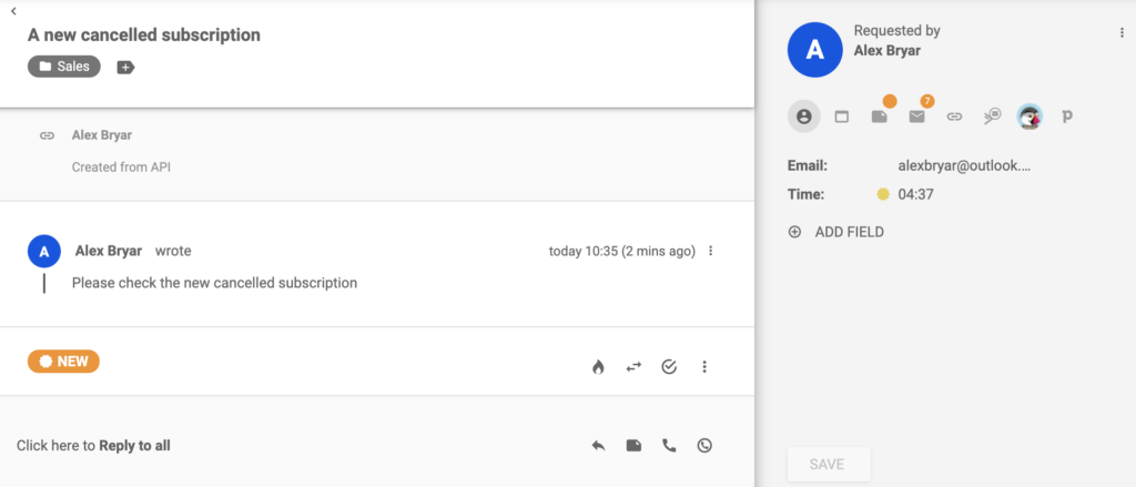 A ticket about a new canceled subscription