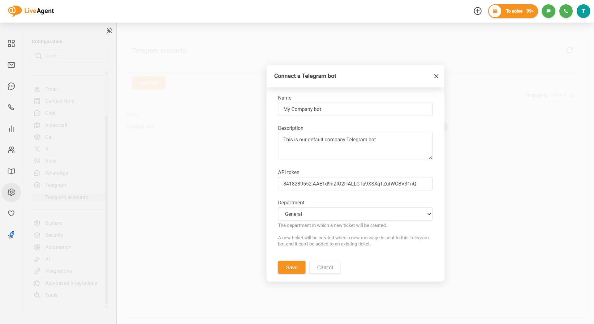 Screenshot of LiveAgent Telegram integration how to connect bot